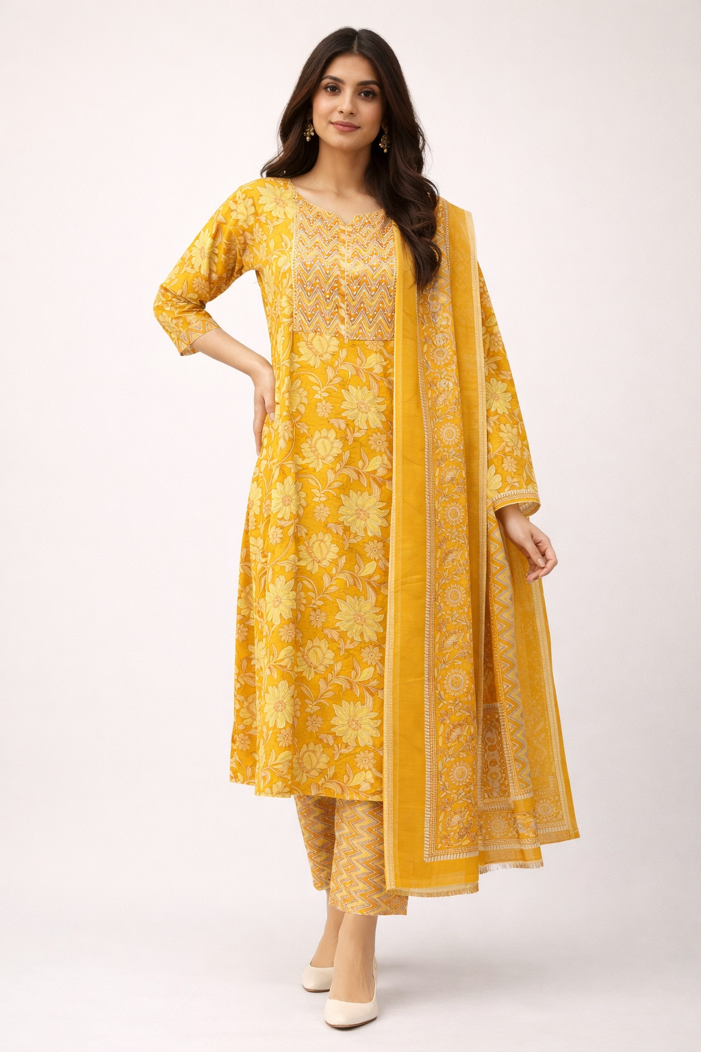 Sunshine Yellow Cotton Floral Printed Kurta Pant Set with Dupatta